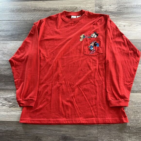 Vintage The Disney Store Embroidered Pocket Xl Mickey Minnie Red Long Sleeve 90s - Picture 1 of 10